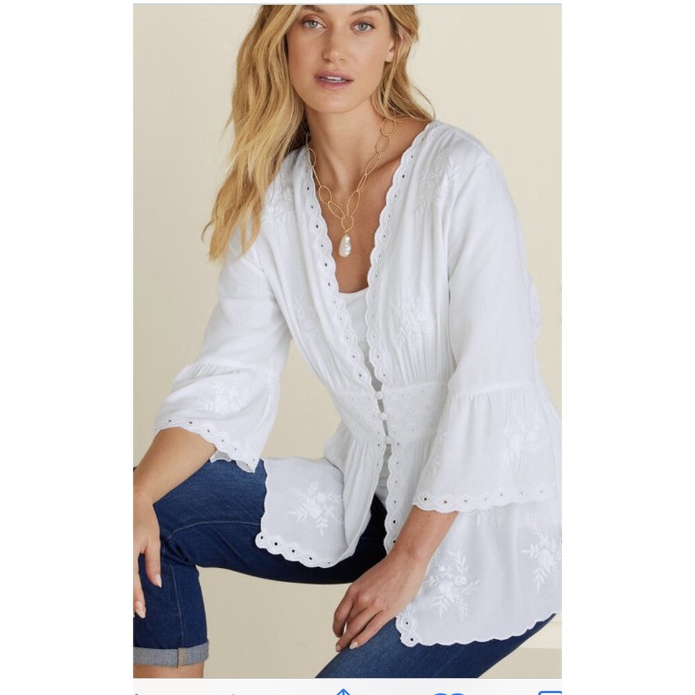 Soft Surroundings White Button Front 3/4 Bell Slv w/ Lace Large Melissani Tunic - Picture 2 of 5